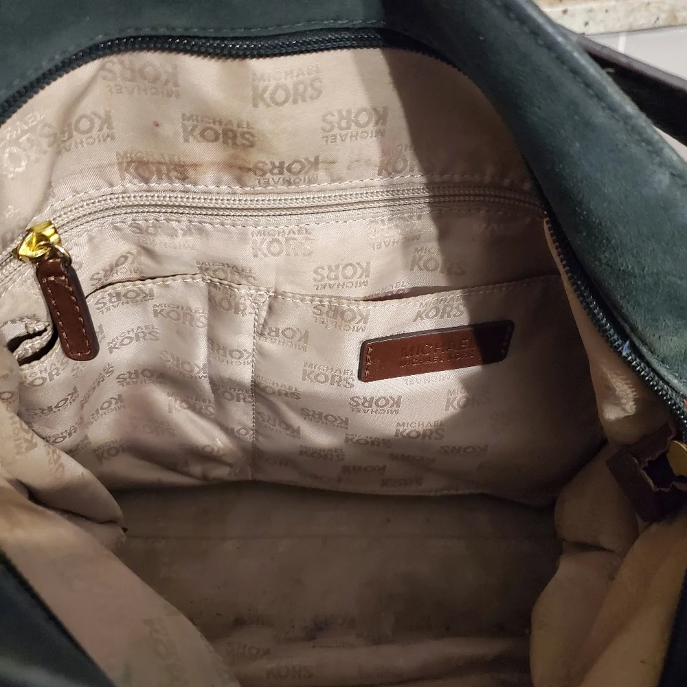 Michael Kors Dark‎ Green Black Suede And Leather Hobo Shoulder Bag
